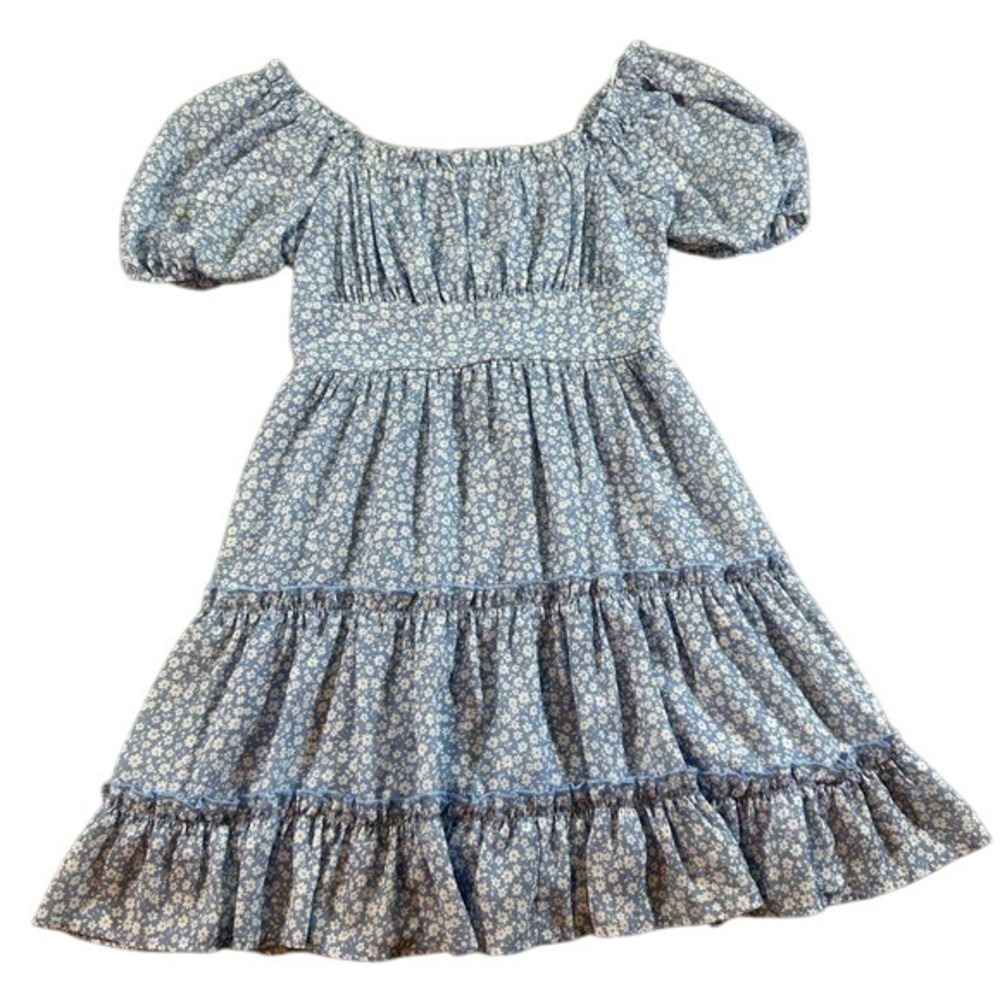 Altar'd State Blue White Floral Smocked Puff Sleeve Tiered‎ Midi Dress M